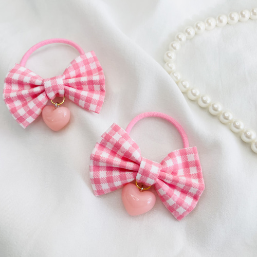 No.33リボンヘアゴム☆チェック柄☆ピンク系