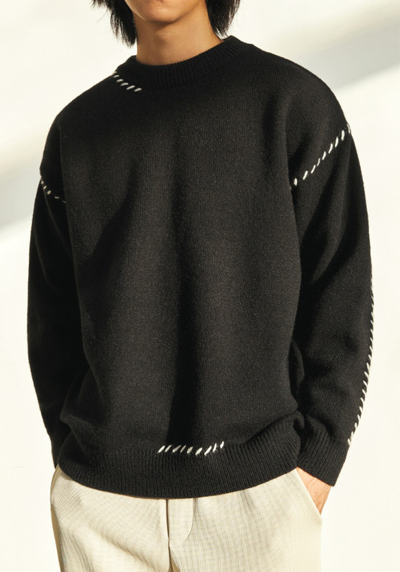 メンズライン刺繍セーター・冬の厚手ゆったりカジュアルニット 2カラー  20-1163 1枚目の画像