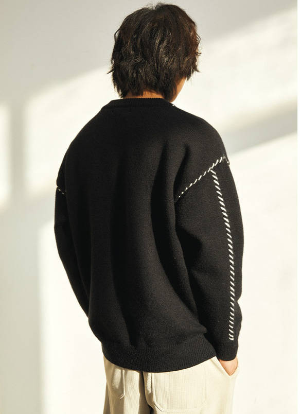 メンズライン刺繍セーター・冬の厚手ゆったりカジュアルニット 2カラー  20-1163 2枚目の画像