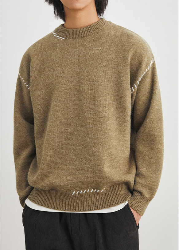 メンズライン刺繍セーター・冬の厚手ゆったりカジュアルニット 2カラー  20-1163 6枚目の画像