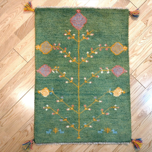 秋の目玉品】ペルシャ ギャッベ 玄関マット 87x60cm 緑 ザクロの木 実