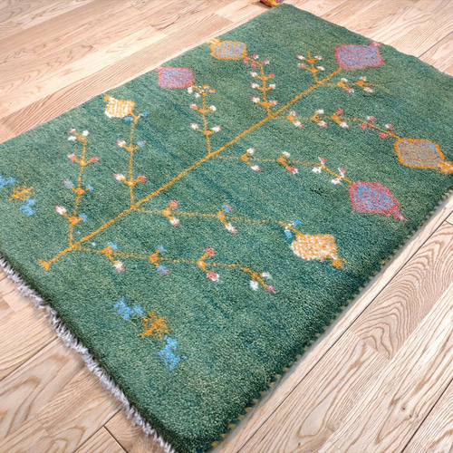 秋の目玉品】ペルシャ ギャッベ 玄関マット 87x60cm 緑 ザクロの木 実