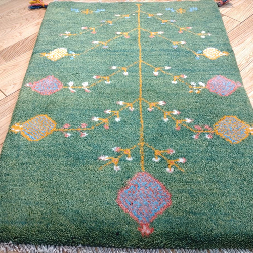 秋の目玉品】ペルシャ ギャッベ 玄関マット 87x60cm 緑 ザクロの木 実