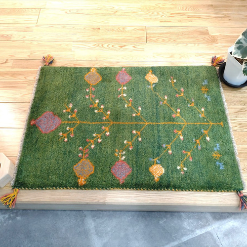 秋の目玉品】ペルシャ ギャッベ 玄関マット 87x60cm 緑 ザクロの木 実