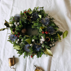 送料無料 深い森の針葉樹薫る落ち着いた雰囲気の蒼いクリスマスリース