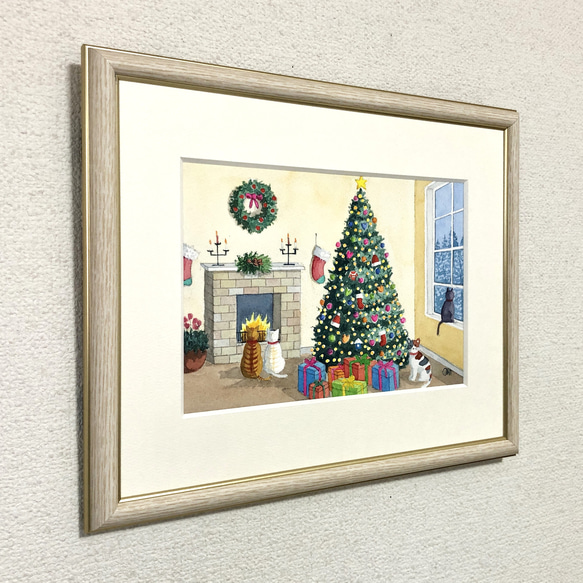 「猫のクリスマス」透明水彩画　原画　風景画　額縁付　SMサイズ 3枚目の画像