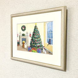 「猫のクリスマス」透明水彩画　原画　風景画　額縁付　SMサイズ 4枚目の画像