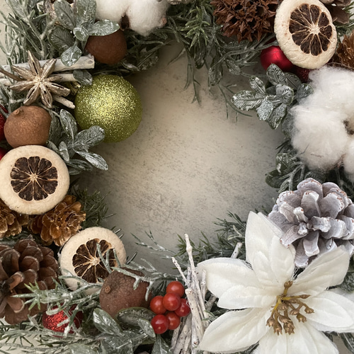 No15 5色のコットンと木の実のクリスマスリース　ホワイトクリスマスリース カラーが選べる♪ コットンフラワーと木の実のリース ＊ ドライ