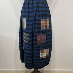 【和×洋】　米沢織パッチワーク風バルーンスカート　ギンガムチェック　ブルー 8枚目の画像