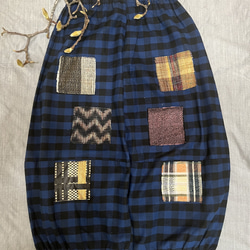 【和×洋】　米沢織パッチワーク風バルーンスカート　ギンガムチェック　ブルー 3枚目の画像