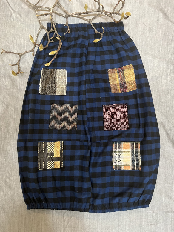 【和×洋】　米沢織パッチワーク風バルーンスカート　ギンガムチェック　ブルー 3枚目の画像