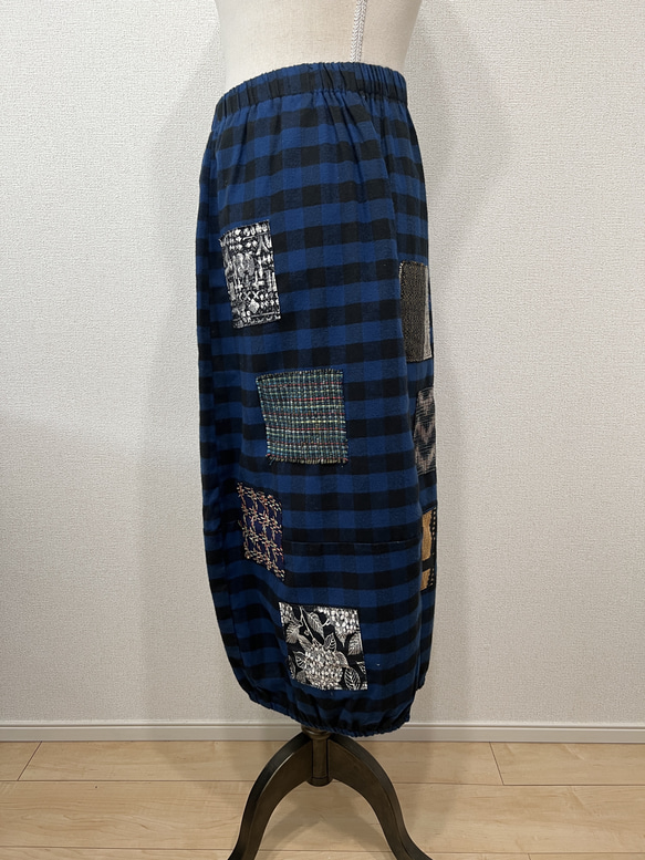 【和×洋】　米沢織パッチワーク風バルーンスカート　ギンガムチェック　ブルー 7枚目の画像