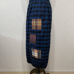 【和×洋】　米沢織パッチワーク風バルーンスカート　ギンガムチェック　ブルー 6枚目の画像