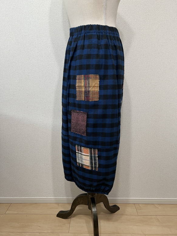 【和×洋】　米沢織パッチワーク風バルーンスカート　ギンガムチェック　ブルー 6枚目の画像