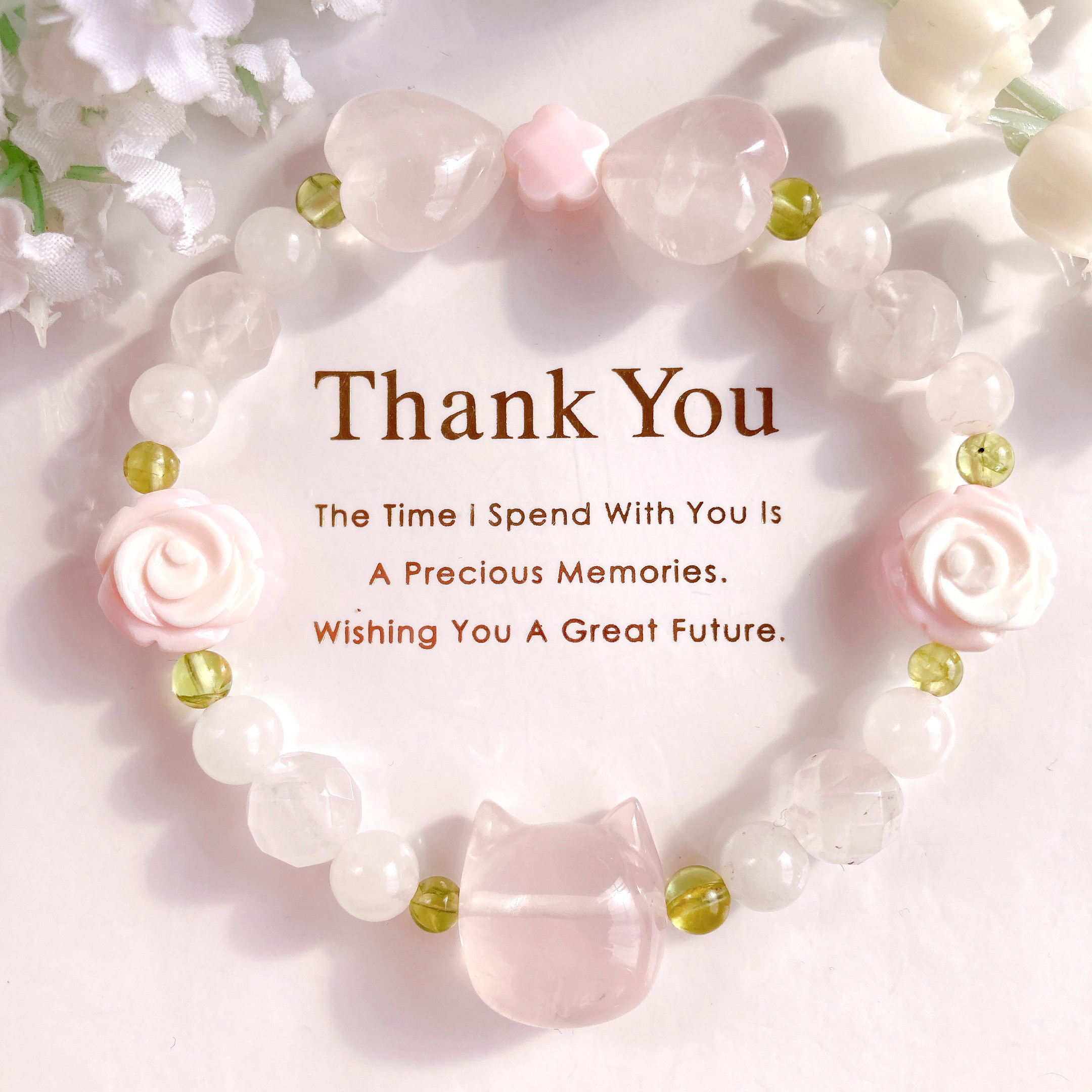 ローズクォーツ猫ちゃんリボン薔薇天然石ブレスレット