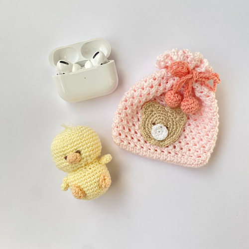 かわいいミニ巾着♡【くまさん】ピンク ポーチ 編み物 巾着袋 巾着袋