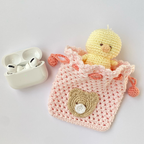 かわいいミニ巾着♡【くまさん】ピンク ポーチ 編み物 巾着袋 巾着袋