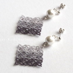 【訂做】方形圖案梭織蕾絲棉質珍珠耳環（灰色） 第1張的照片