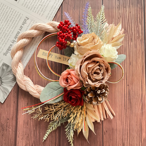 No.552 赤い実いっぱいしめ縄リース2024 ハンドメイドお正月飾り玄関