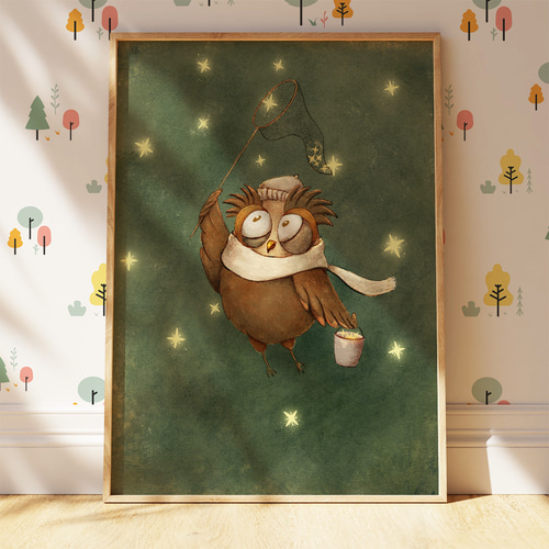 アートポスター 子供向け ふくろうが星を集める童話風イラスト