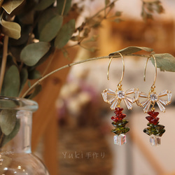 Yuki手作り 「小さなクリスマスツリー」 手作り 琉璃 輝く クリスマスリボン さわやかなイヤリング 10枚目の画像