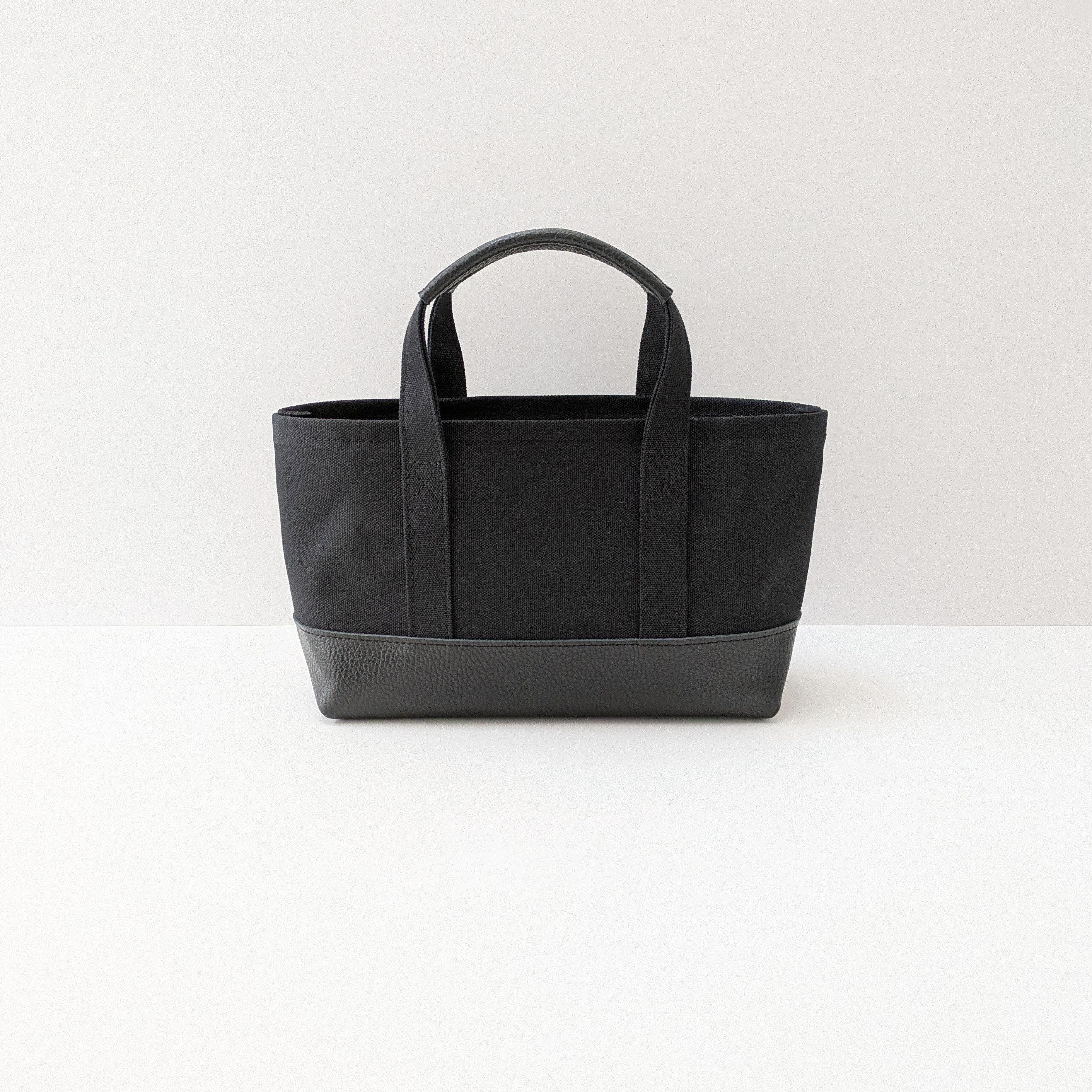 革×帆布｜横長トートSM｜イタリアンレザー×倉敷織｜黒×黒｜持ち手レザー巻