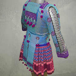 モン族民族衣装 ブラウス・ラップスカート・前掛け・腰帯 ４点セット ライトブルー・紫系 7枚目の画像