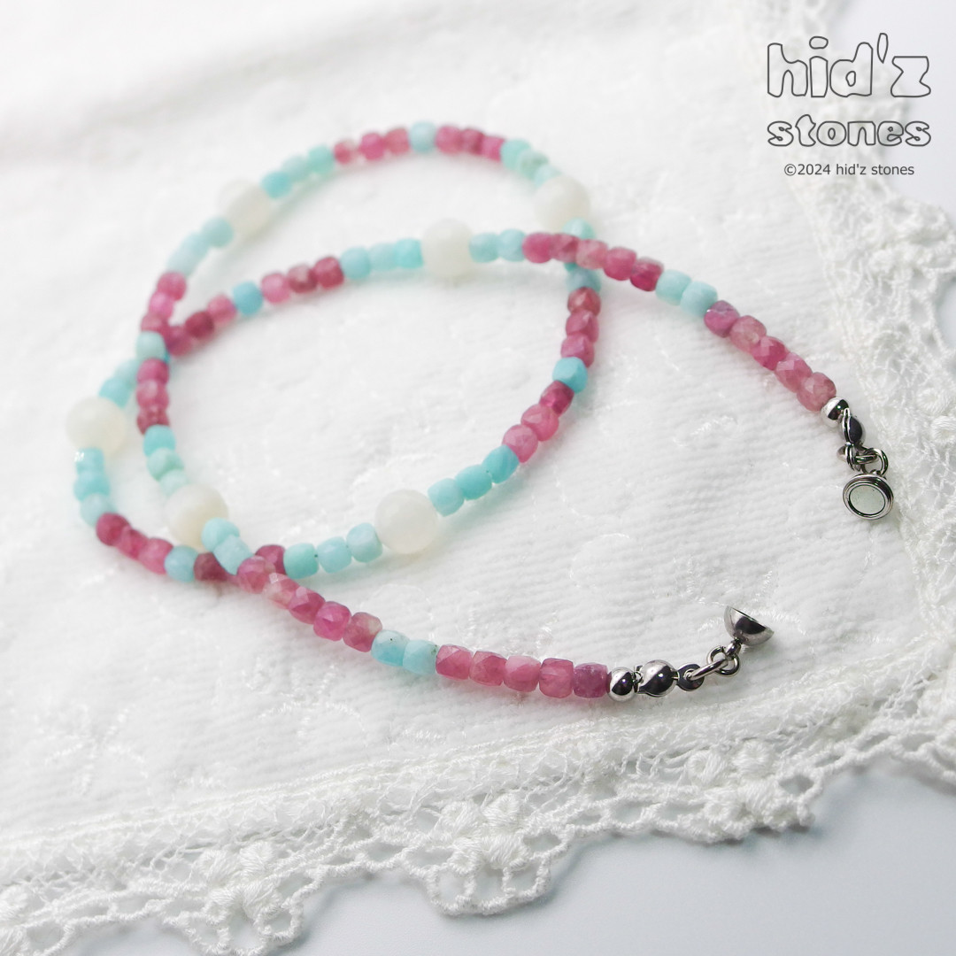 ◆一点もの天然石ネックレス:MSCm-005【マグネットクラスプ】ムーンストーン・トルマリン・アマゾナイト