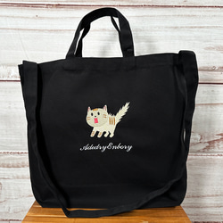 猫の刺繍付き黒ショルダーバッグ 96猫 🐾 黒猫🐈‍⬛さんのマチ付きショルダーバッグ 🐾作り方 ＂How to