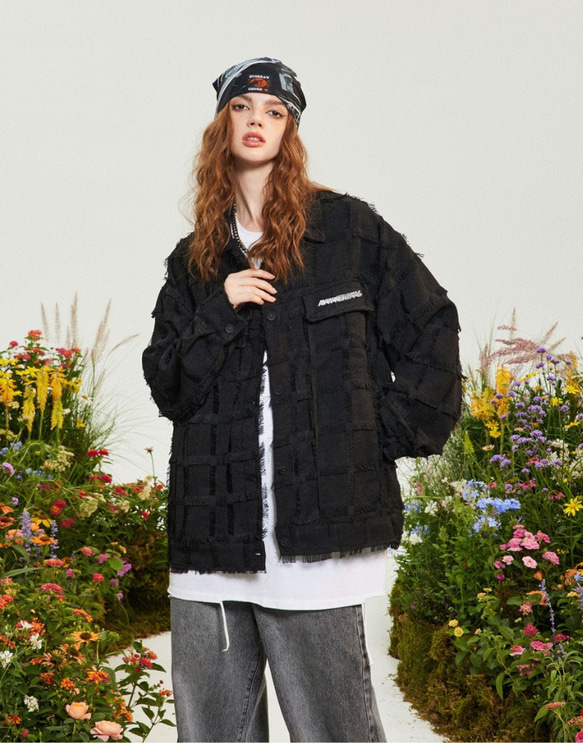 メンズ・レディース兼用・潮牌の小香風ジャケットゆったり襟の黒いコート 20-1168 5枚目の画像