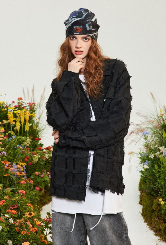 メンズ・レディース兼用・潮牌の小香風ジャケットゆったり襟の黒いコート 20-1168 8枚目の画像