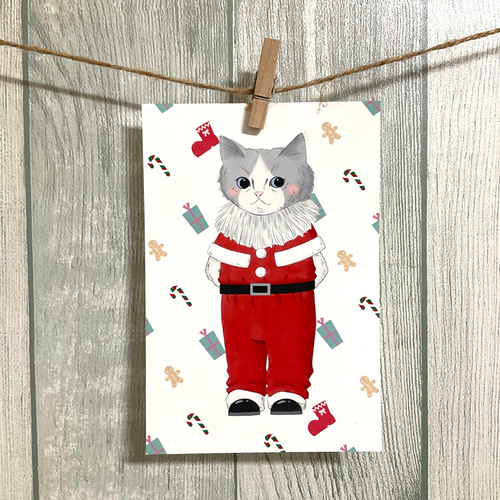 色鉛筆画 A4.ハチワレ猫 サンタ