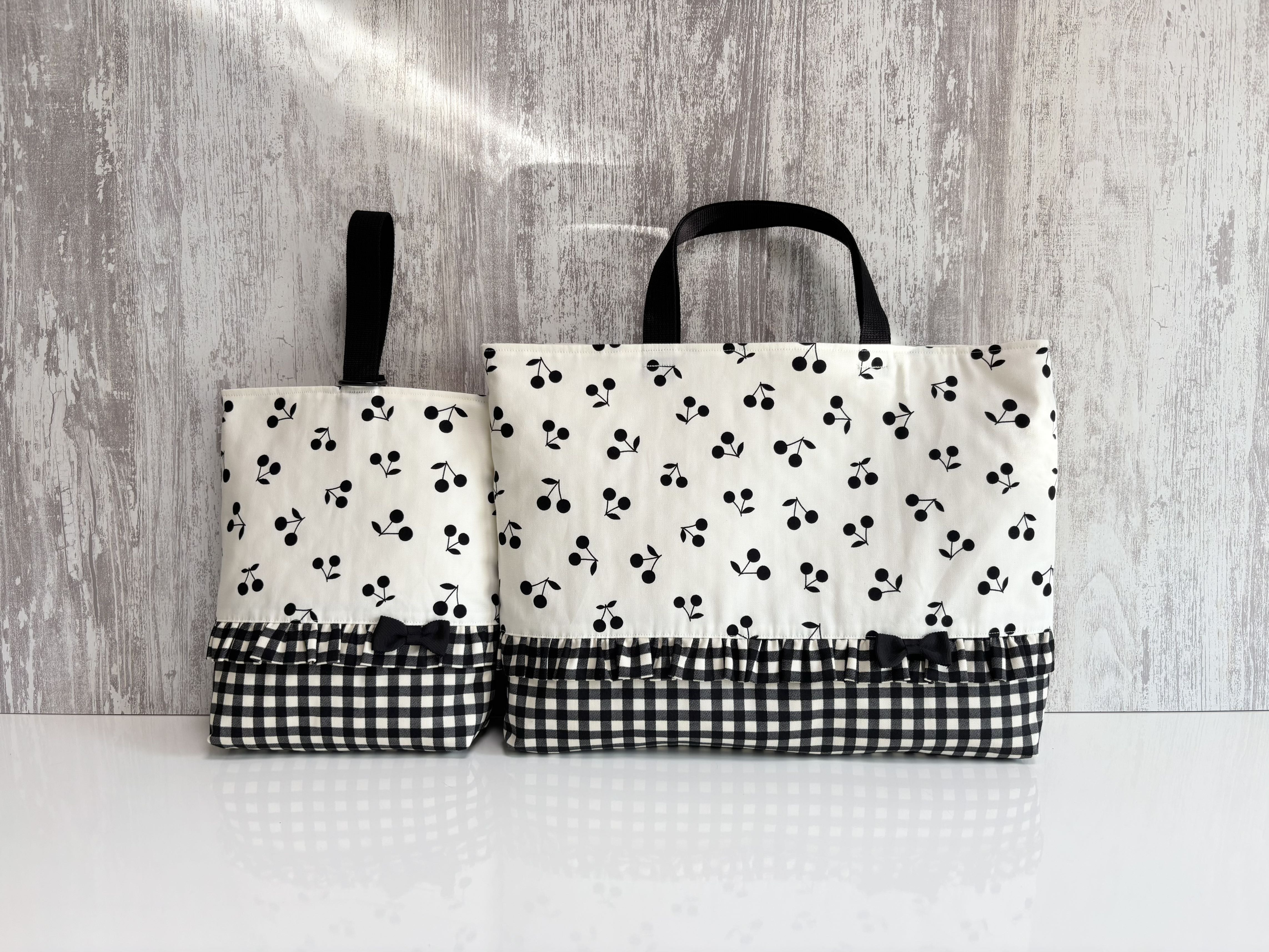 入園入学＊チェリーとギンガムチェックのフリルリボンのセット＊女の子＊オフホワイト＊オーダー