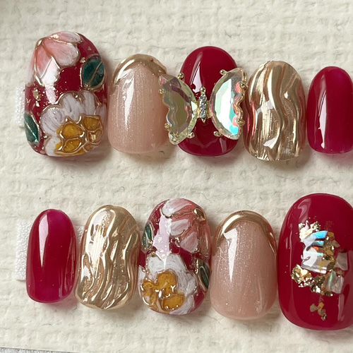 【サイズオーダーNo.161】ネイルチップ 振袖　成人式 赤 成人式ネイル 赤 【サイズオーダー】チップ 振袖ネイル 和柄