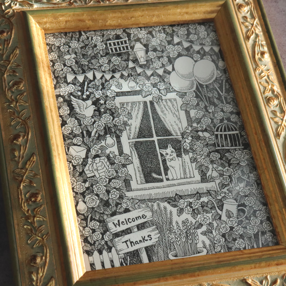 原画【一点物】「窓際のバラと猫」　アンティーク風なペン画のインテリアアート　植物と動物の絵画　モノクロ　リビング　玄関 5枚目の画像