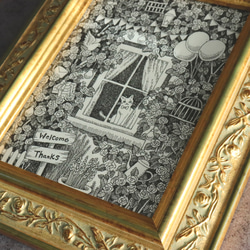 原画【一点物】「窓際のバラと猫」　アンティーク風なペン画のインテリアアート　植物と動物の絵画　モノクロ　リビング　玄関 6枚目の画像