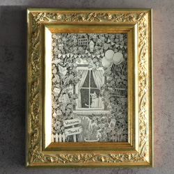 原画【一点物】「窓際のバラと猫」　アンティーク風なペン画のインテリアアート　植物と動物の絵画　モノクロ　リビング　玄関 2枚目の画像