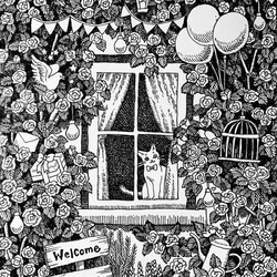 原画【一点物】「窓際のバラと猫」　アンティーク風なペン画のインテリアアート　植物と動物の絵画　モノクロ　リビング　玄関 1枚目の画像