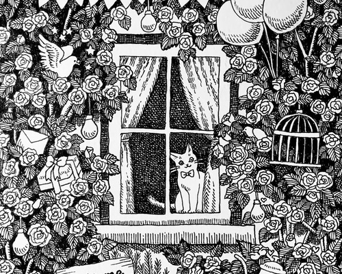 原画#3432 窓 黒猫 雨 フランス 水彩画 ドローイング インテリア