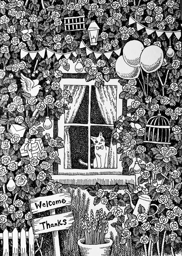 原画【一点物】「窓際のバラと猫」　アンティーク風なペン画のインテリアアート　植物と動物の絵画　モノクロ　リビング　玄関 1枚目の画像