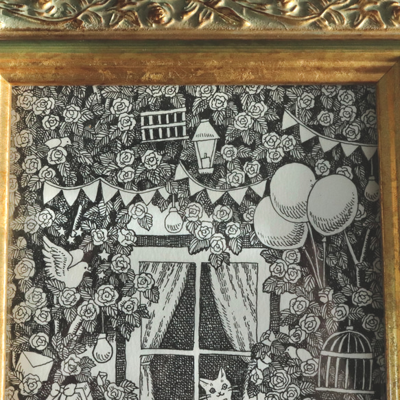 原画【一点物】「窓際のバラと猫」　アンティーク風なペン画のインテリアアート　植物と動物の絵画　モノクロ　リビング　玄関 4枚目の画像