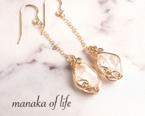 ハーキマーダイヤモンド ピアス フカネ巻き ワイヤーラッピング 14kgf