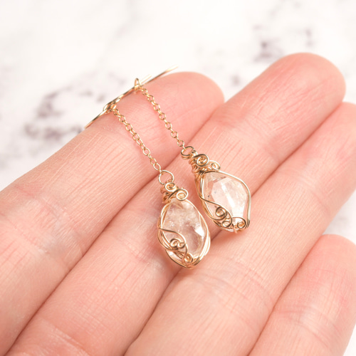 ハーキマーダイヤモンド ピアス フカネ巻き ワイヤーラッピング 14kgf