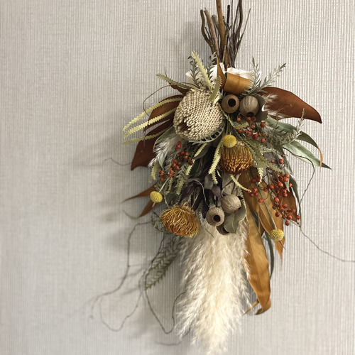 ˚✧ブーケ風スワッグ ˚✧₊(34cm )ドライフラワー ドライフラワー ブーケスワッグ イエローオレンジ系 S | ドライ