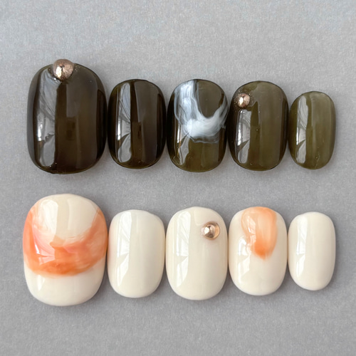 ネイルチップ クリアオリーブグリーンアイボリー ニュアンスネイル  