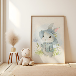キッズ 可愛い アニマル ウサギ 水彩画風  / インテリアポスター / 190 2枚目の画像