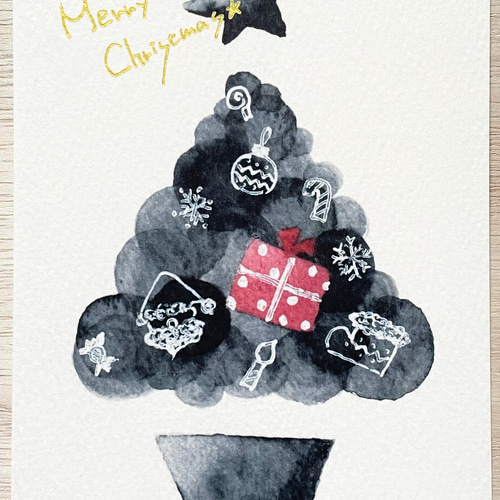 透明水彩画 ポストカード 3枚セット「モノトーンクリスマス」ブラック