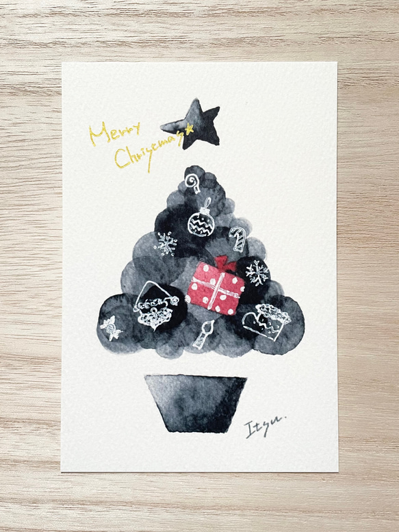 透明水彩画 ポストカード 3枚セット「モノトーンクリスマス」ブラック