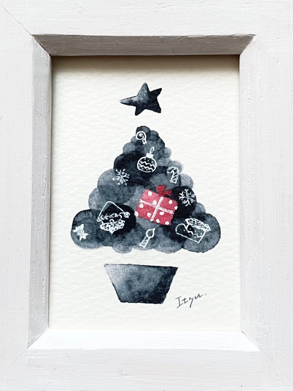 透明水彩画 ミニ額「モノトーンクリスマス」イラスト　クリスマスツリー　クリスマスギフト　プチギフト　クリスマスプレゼント 4枚目の画像