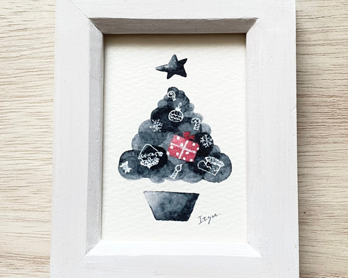 透明水彩画 ミニ額「モノトーンクリスマス」イラスト クリスマス